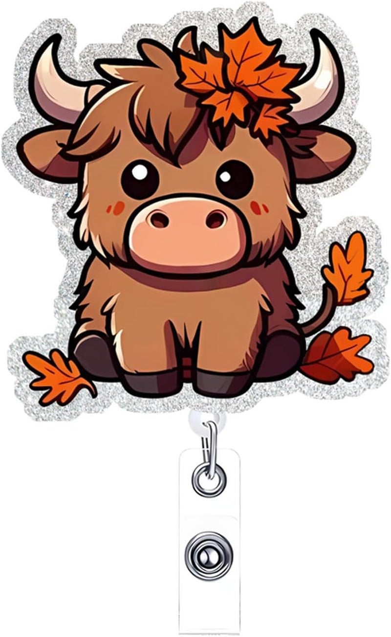 NSSHEL Cow Badge Reel Retractable ID Name Holder Alligator Clip DIY Crafts Halloween Cute Highland Cow Badge Reels Acrylic ID Clip for Nursing Nurse Teacher Student Badge Clip Decor - Image 1